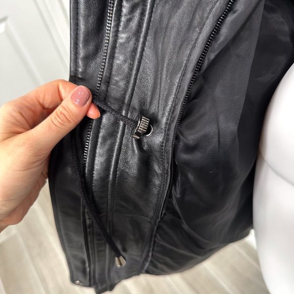 Genuine Lamb Leather Longline Coat Jacket w/ Remove-able Faux Fur Trim Hood - Picture 14 of 16